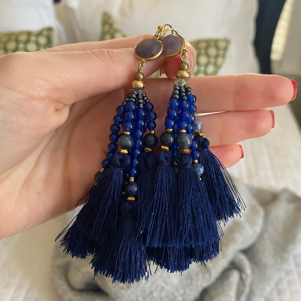 Statement Beaded Tassel Earrings Blue Cobalt